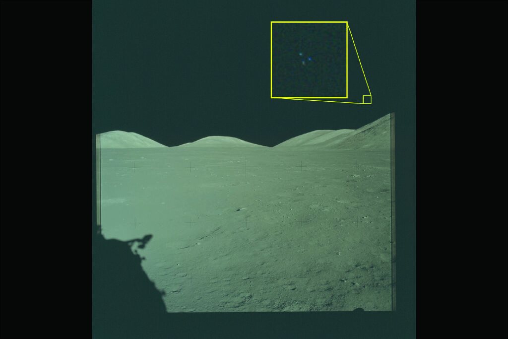 Apollo 17 archival imagery; yellow box marks three lights above the lunar terrain.